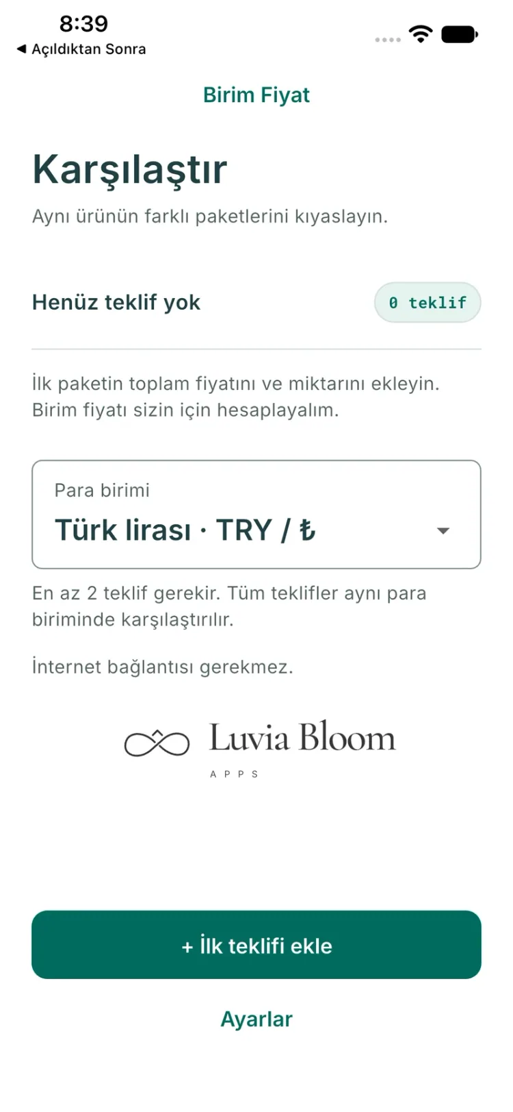 Birim Fiyat — Development preview · iOS simulator
