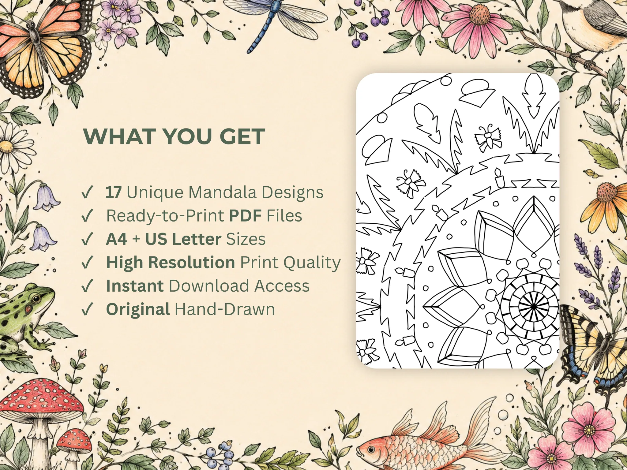 صفحات رنگآمیزی ماندالای پروانه و طبیعت، ۱۷ فایل PDF — گالری 4