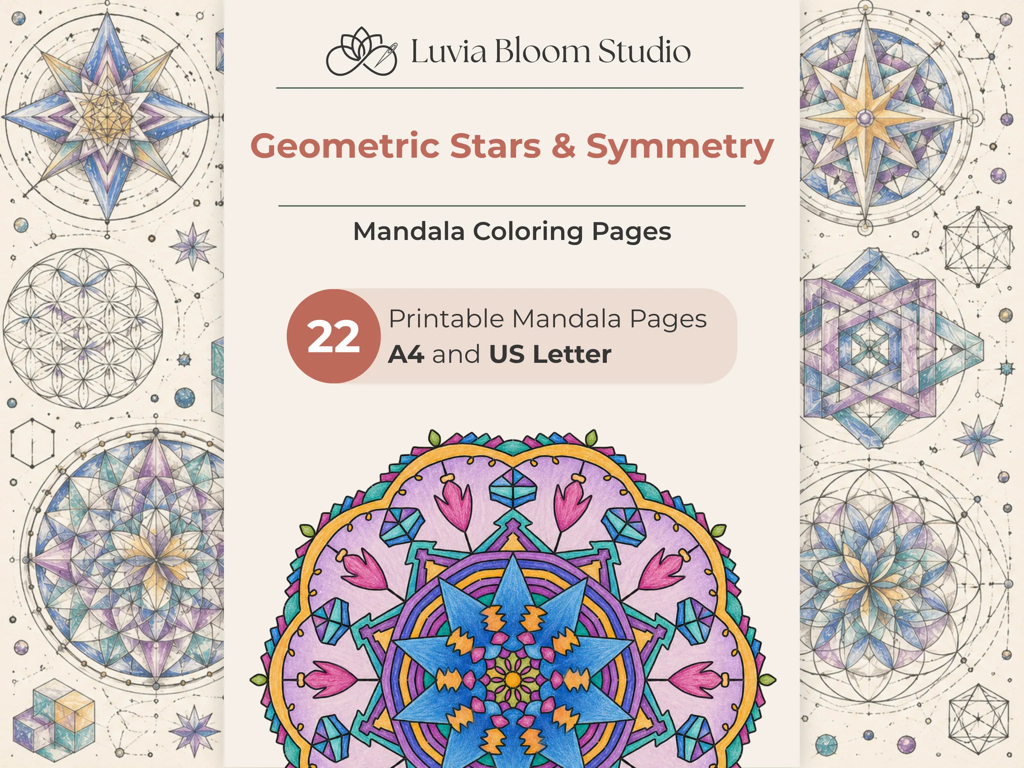 Geometrik Mandala Boyama Sayfaları, 22 Tasarım